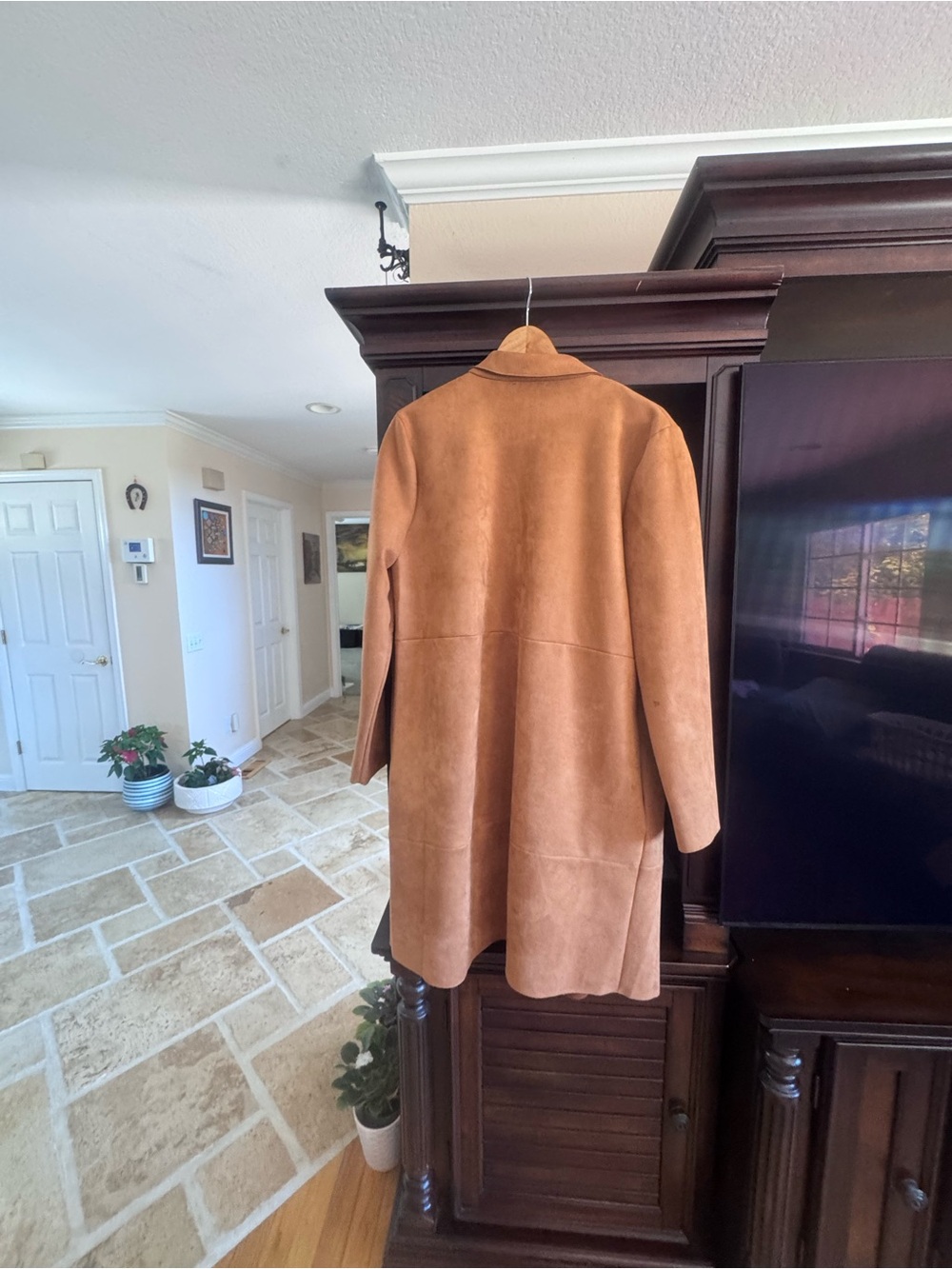 Zara Basic Camel Faux Suede Open Front Long Coat Size Large - Picture 3 of 6